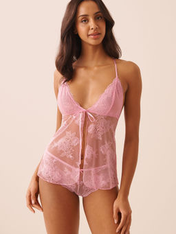 La Vie En Rose - Floral Lace Open Babydoll with Panty Pink