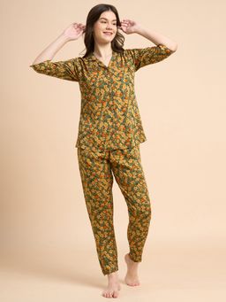 JULIANA DREAM - Women Cotton Printed Shirt And Pyjama Olive