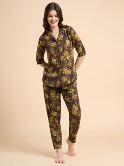 JULIANA DREAM - Women Cotton Printed Shirt And Pyjama Brown