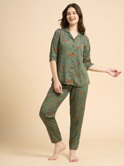 JULIANA DREAM - Women Cotton Printed Shirt And Pyjama Green
