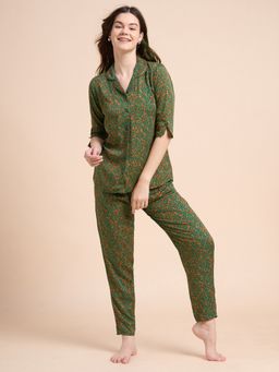 JULIANA DREAM - Women Cotton Printed Shirt And Pyjama Green