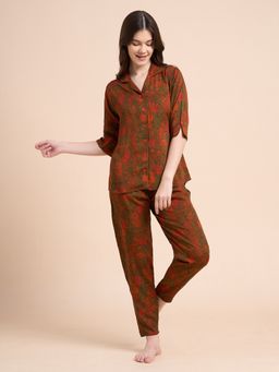 JULIANA DREAM - Women Cotton Printed Shirt And Pyjama Red