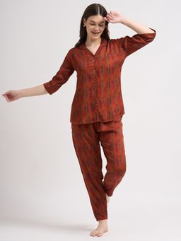 JULIANA DREAM - Women Cotton Printed Shirt And Pyjama Rust