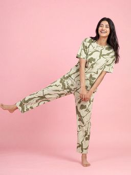 JULIANA DREAM - Women Cotton Printed T-Shirt And Pyjama Olive