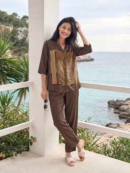 JULIANA DREAM - Women Satin Printed Shirt And Pyjama Brown