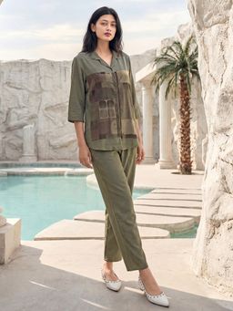 JULIANA DREAM - Women Satin Printed Shirt And Pyjama Olive