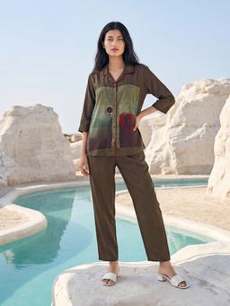 JULIANA DREAM - Women Satin Printed Shirt And Pyjama Olive