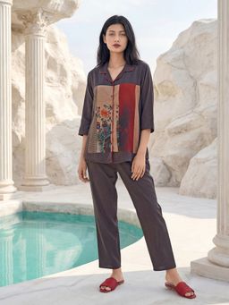 JULIANA DREAM - Women Satin Printed Shirt And Pyjama Brown