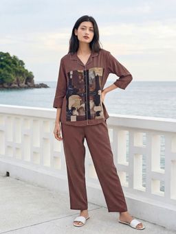 JULIANA DREAM - Women Satin Printed Shirt And Pyjama Brown