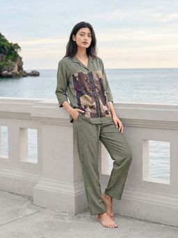 JULIANA DREAM - Women Satin Printed Shirt And Pyjama Olive