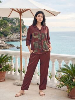 JULIANA DREAM - Women Satin Printed Shirt And Pyjama Wine