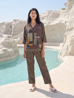 JULIANA DREAM - Women Satin Printed Shirt And Pyjama Brown
