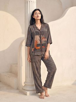 JULIANA DREAM - Women Satin Printed Shirt And Pyjama Brown
