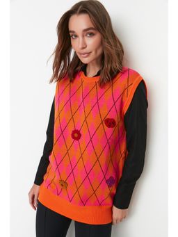Trendyol - Orange Normal Fit Printed Round Neck Sweater