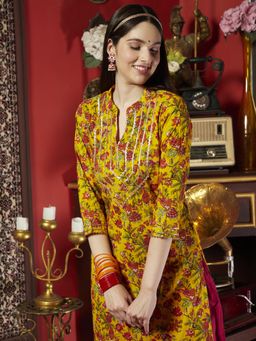 Gahan - Cotton Gota Embellished Floral Printed Mustard Straight Kurta.