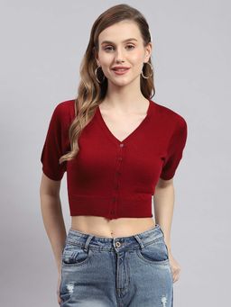 Monte Carlo - Womens Solid Maroon V Neck Half Sleeve Cardigan