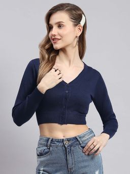 Monte Carlo - Womens Solid Navy Blue V Neck Full Sleeve Cardigan