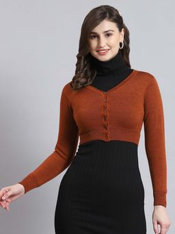 Monte Carlo - Womens Solid Rust V Neck Full Sleeve Cardigan