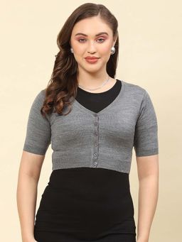 Monte Carlo - Womens Solid Grey V Neck Half Sleeve Cardigan