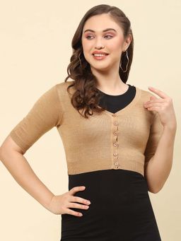 Monte Carlo - Womens Solid Brown V Neck Half Sleeve Cardigan