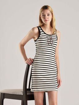 Calvin Klein - Cotton Round Neck Bodycon Dress Black & White