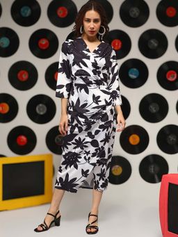 PINACOLADA - Womens Ivory White Obsiadian Black Contrast Botanical Dress