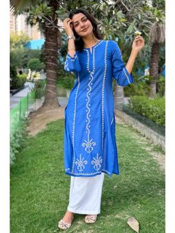 ILLICA - Jahan Royal Blue Panel Chikankari Long Kurta