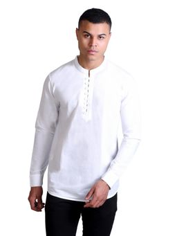 Parcel Yard - White Cotton Polyester Blend Full Sleeve Short Kurta