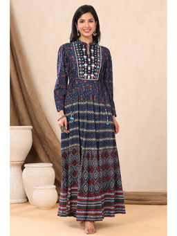 Juniper - Indigo Ethnic Motif Printed & Embroidered Rayon Maxi Dress