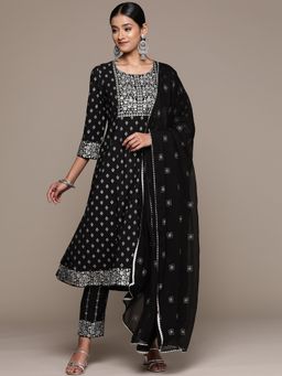 Ziyaa - Womens Black Crepe Kurta Pant and Dupatta (Set of 3)