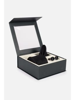 Peter England - Men Black Embroidered Party Tie, Pocket Square & Cufflinks (Set of 3)