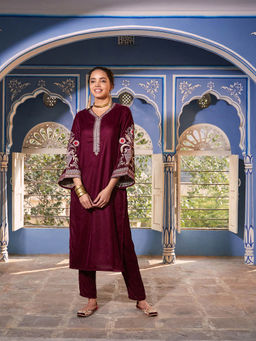 Rustorange - Magenta Velvet Zari Embroidered Straight Kurta