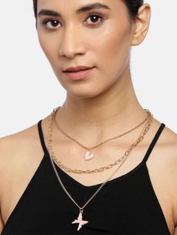 Blueberry - Gold Plated Chain Layered Peach Butterfly Pendant Detailing Necklace