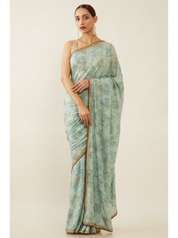 Soch - Women Blue Embellished Saree with Unstitched Blouse