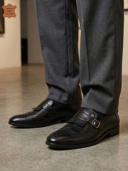 Carlton London - Men Black Leather Wingtip Monk Straps