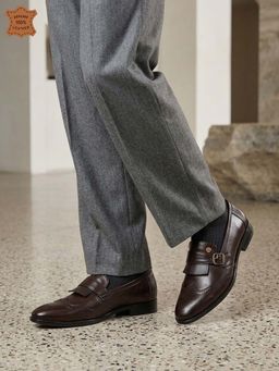 Carlton London - Men Brown Leather Wingtip Monk Straps