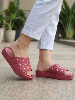 Iconics - Women Wine Embellished Quilted Slip On Sliders