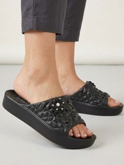 Iconics - Women Black Flora Sliders