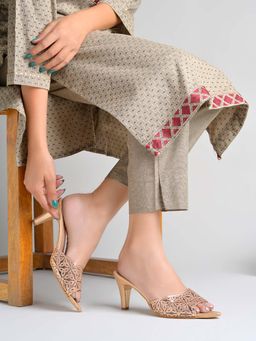 Shoetopia - Women Rose Gold Embellished Block Heels