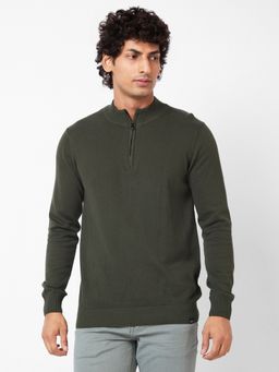 Spykar - Polo Collar Full Sleeves Green Sweater for Men