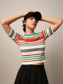 ONLY - Striped Cropped Rib Knit T-Shirt