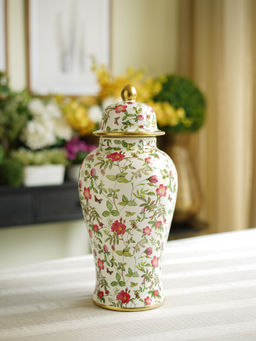 Pure Home + Living - Floral Print Ribbed Ceramic Urn with Lid Multi-Color