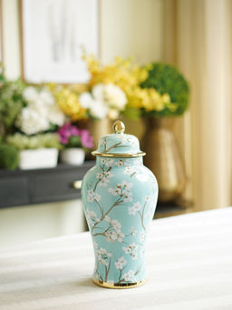 Pure Home + Living - Blue and White Floral Print Ceramic Urn with Lid - Small