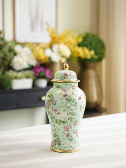 Pure Home + Living - Green Floral Print Ceramic Urn with Lid - Small