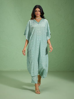 Likha - Olive Karigar Korner Satin Crepe Printed and Embroidered Kaftan LIKKKGOT09 (Set of 2)