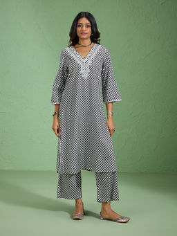 Likha - Geometric Printed Black & White Kurta Embroidered Neck with Pant LIKUTSKD7 (Set of 2)