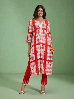 Likha - Red Soft Rayon Printed Kurta with Mirror Lace Details & Pant LIKCGKS06 (Set of 2)