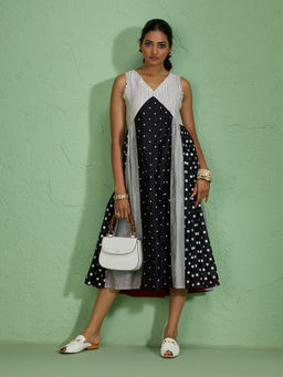 Likha - Viscose Chanderi Multi Printed Alia Cut Black & White Dress LIKFUDR1010