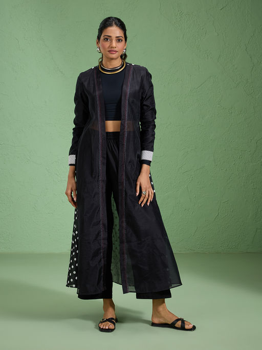 Likha Viscose Chanderi Lace Detailed Black Overlay Shrug LIKFUSH1011