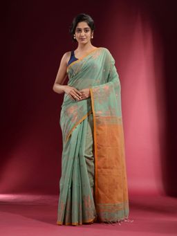 CHARUKRITI - Sage Green with Floral Zari and Contrast Pallu Saree with Unstitched Blouse